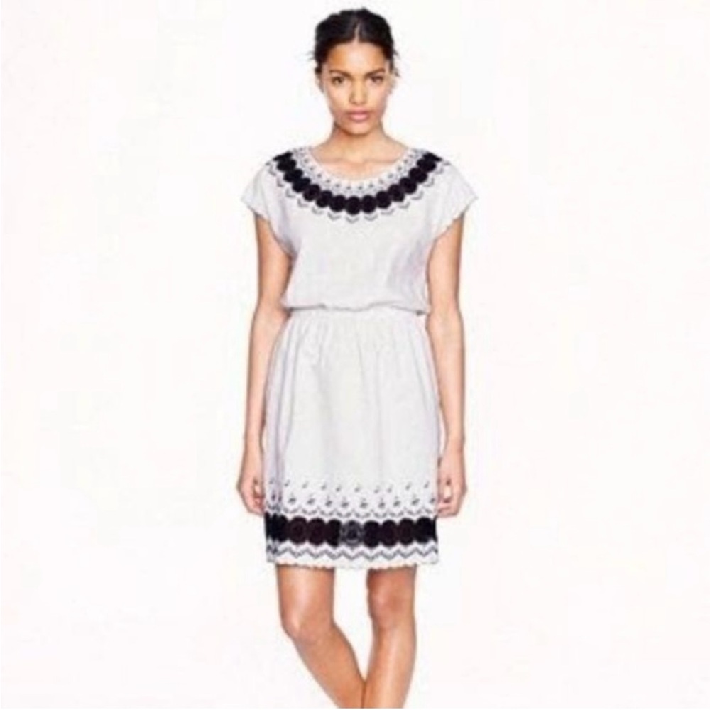 J.Crew Womens Scallop A Line Dress White Linen Elastic Waist Embroidered 8